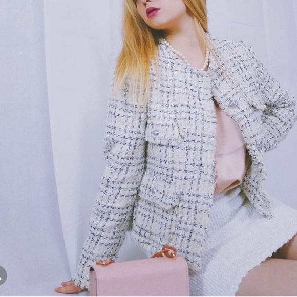 MANGO cream tweed collarless flap pockets jacket blogger zara competitor brand - Picture 4 of 9